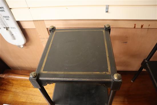 A pair of Regency style gilt and ebonised printed two tier tables W.36cm